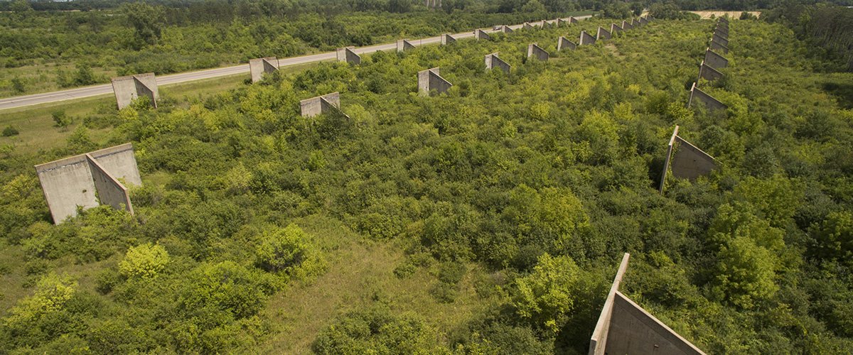 Overhead photo of concrete t-walls and bushes