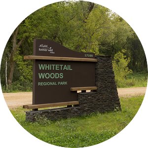 Brown sign on the side of the road that says "Whitetail Woods Regional Park"